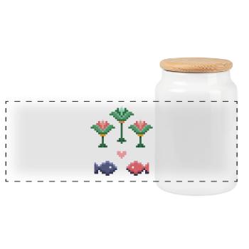 Pixel Art Fish and Flower Motif  - Panoramic Cookie Jar with Wooden Lid - white - Front