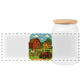 Rural farm with red tractor - Panoramic Cookie Jar with Wooden Lid - white - Front