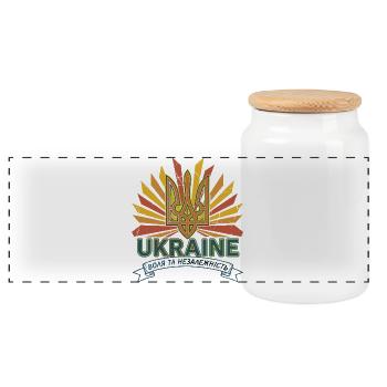 Ukrainisches Dreizack Sonnenaufgangs-T-Shirt - Panorama Keksdose mit Holzdeckel - Weiß - Vorne