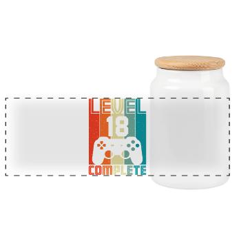 18. Geburtstag Gamer – 18 Jahre Level 18 Complete - Panorama Keksdose mit Holzdeckel - Weiß - Vorne