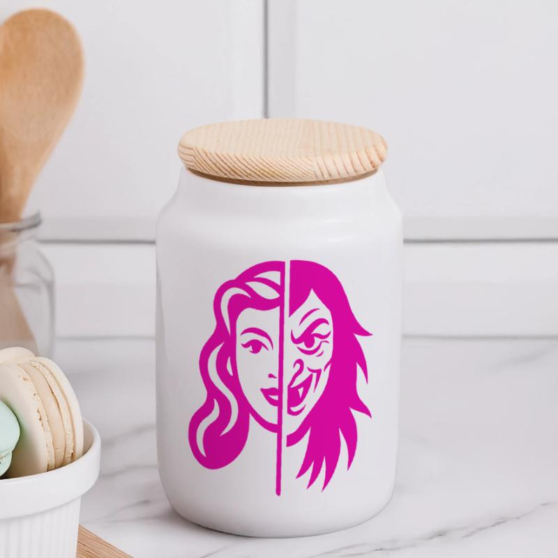 Split Face Contrast Panoramic Cookie Jar with Wooden Lid