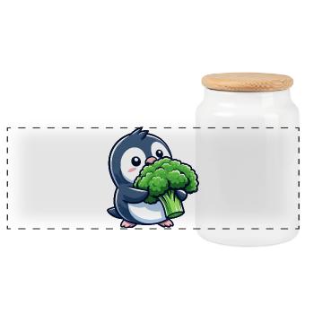 Funny Penguin with Broccoli Vegetables Vegan Comic - Panoramic Cookie Jar with Wooden Lid - white - Front