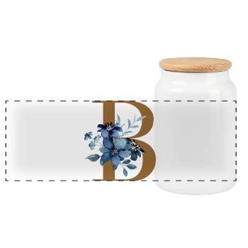 Floral B – Golden letter with flowers - Panoramic Cookie Jar with Wooden Lid - white - Front