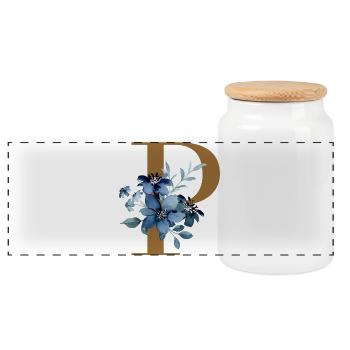Floral P – Golden letter with flowers - Panoramic Cookie Jar with Wooden Lid - white - Front