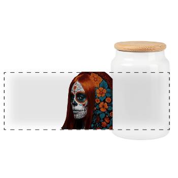Floral Sugar Skull Portrait - Panoramic Cookie Jar with Wooden Lid - white - Front