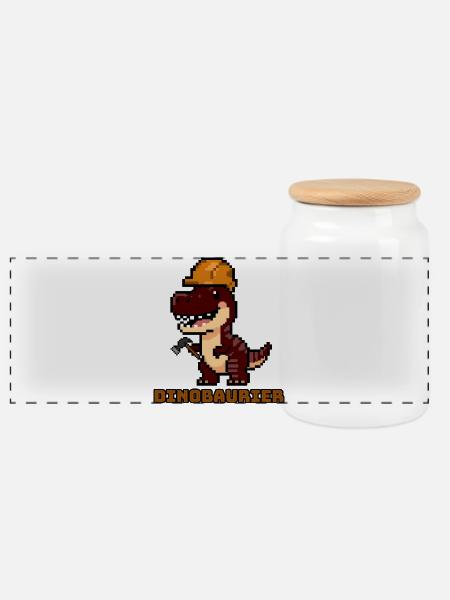 DinoBAUrier - Pixel Art Dinosaurier Bauhelm! 👷♂️ - Panorama Keksdose mit Holzdeckel - Weiß