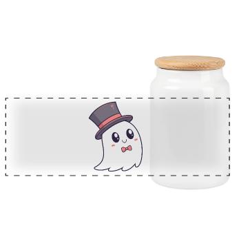 Fancy Ghost Hat and Bow Tie - Panoramic Cookie Jar with Wooden Lid - white - Front