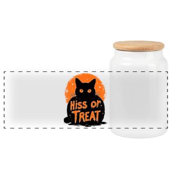 Hiss or Treat – Funny Halloween Cat Motif - Panoramic Cookie Jar with Wooden Lid - white - Front