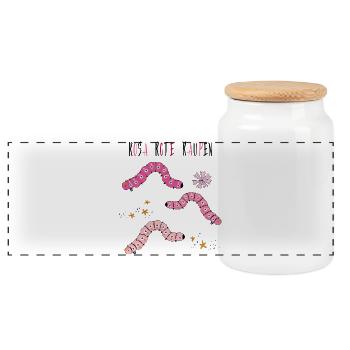 Pink Red Caterpillars - Panoramic Cookie Jar with Wooden Lid - white - Front