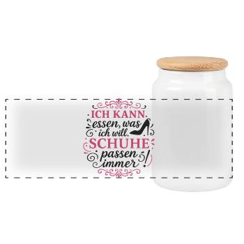 Schuhe passen immer – Stil mit Humor - Panorama Keksdose mit Holzdeckel - Weiß - Vorne