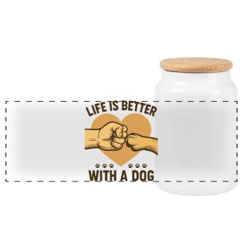 "Life is Better with a Dog" – Vintage Dog T-Shirt - Panoramic Cookie Jar with Wooden Lid - white - Front