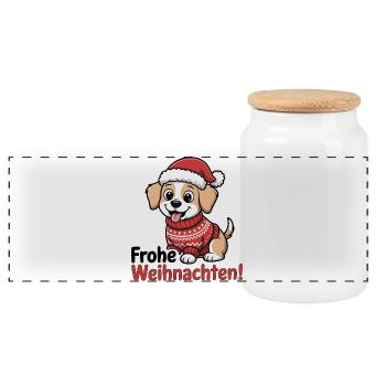 Weihnachtshund – Frohe Weihnachten! - Panorama Keksdose mit Holzdeckel - Weiß - Vorne