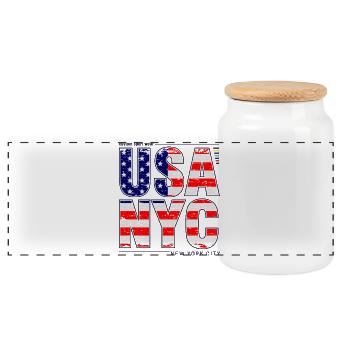 USA NYC Flag Letters - Panoramic Cookie Jar with Wooden Lid - white - Front