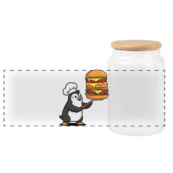 Süßer Pinguin schwitzt mit Hamburger BBQ Grillen - Panorama Keksdose mit Holzdeckel - Weiß - Vorne
