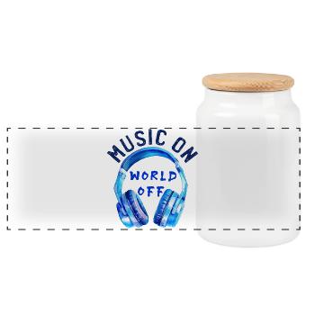 Kopfhörer "Music on - World off" Musik - Panorama Keksdose mit Holzdeckel - Weiß - Vorne