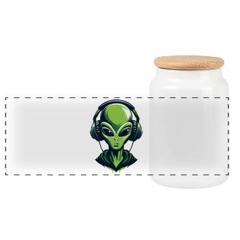 Alien mit Kopfhörern – Minimalistic Techno design - Panorama Keksdose mit Holzdeckel - Weiß - Vorne