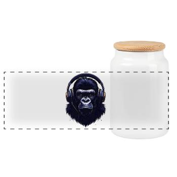 Gorilla mit Kopfhörern – Cooles Musik Design - Panorama Keksdose mit Holzdeckel - Weiß - Vorne