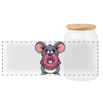 Cute Mouse with Donut Cartoon Dessert Candy - Panoramic Cookie Jar with Wooden Lid - white - Front