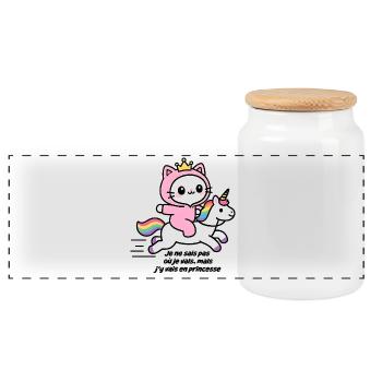 Rosa Katze auf Regenbogen-Einhorn - Panorama Keksdose mit Holzdeckel - Weiß - Vorne