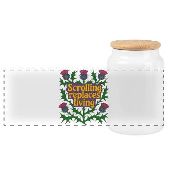 Scrolling Replaces Living - Panoramic Cookie Jar with Wooden Lid - white - Front