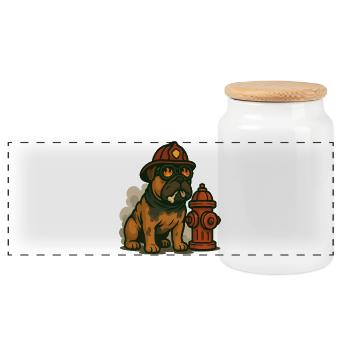 Firefighter Bulldog Mascot - Panoramic Cookie Jar with Wooden Lid - white - Front