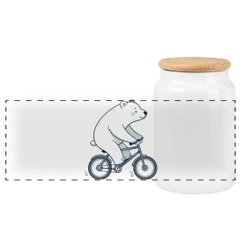 Polar bear on cartoon bike - Panoramic Cookie Jar with Wooden Lid - white - Front