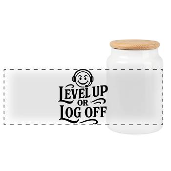 Level Up retro Shirt Smiley Gamer Zocker sprüche  - Panorama Keksdose mit Holzdeckel - Weiß - Vorne
