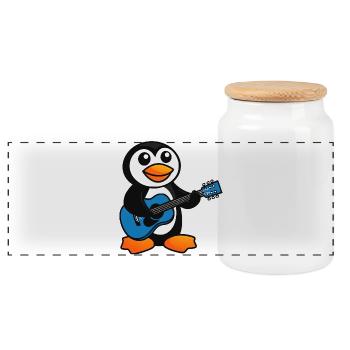 Funny Penguin with Guitar Cartoon Musician - Panoramic Cookie Jar with Wooden Lid - white - Front
