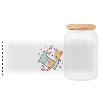 Chat câlin sur oreiller étoiles - Boîte à biscuits avec couvercle en bois - blanc - Devant