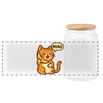 Telefonierende Katze - Panorama Keksdose mit Holzdeckel - Weiß - Vorne