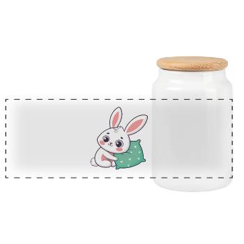 Lapin câlin et coussin vert - Boîte à biscuits avec couvercle en bois - blanc - Devant