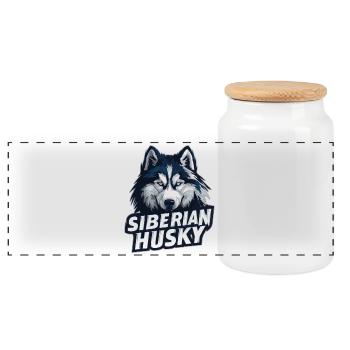 Siberian Husky Head Illustration - Panoramic Cookie Jar with Wooden Lid - white - Front