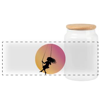 Girl silhouette on swing in sunset - Panoramic Cookie Jar with Wooden Lid - white - Front
