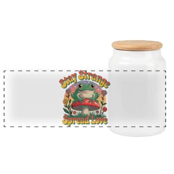 Stay Strange – Spread Love | Retro Frosch & Pilz  - Panorama Keksdose mit Holzdeckel - Weiß - Vorne