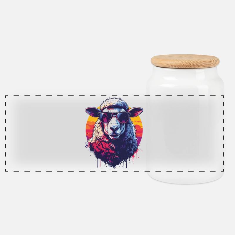 Cooles Retro-Schaf mit Brille - Panorama Keksdose mit Holzdeckel - Weiß