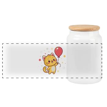 Kawaii balloon cat and confetti - Panoramic Cookie Jar with Wooden Lid - white - Front