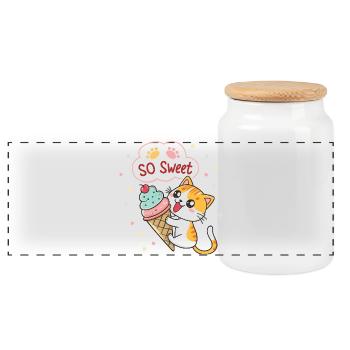Chat gourmand avec glace pastel - Panoramic Cookie Jar with Wooden Lid - white - Front