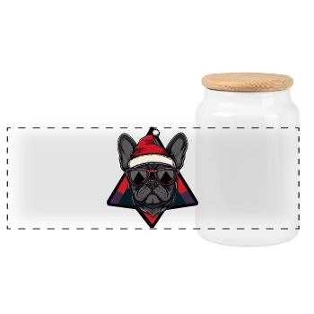 Weihnachts Bulldog mit Sonnenbrille - Panorama Keksdose mit Holzdeckel - Weiß - Vorne