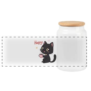 Chat Noir Souriant Café Doux - Boîte à biscuits avec couvercle en bois - blanc - Devant