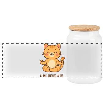 Alone Aligned Alive Meditating Cat - Panoramic Cookie Jar with Wooden Lid - white - Front