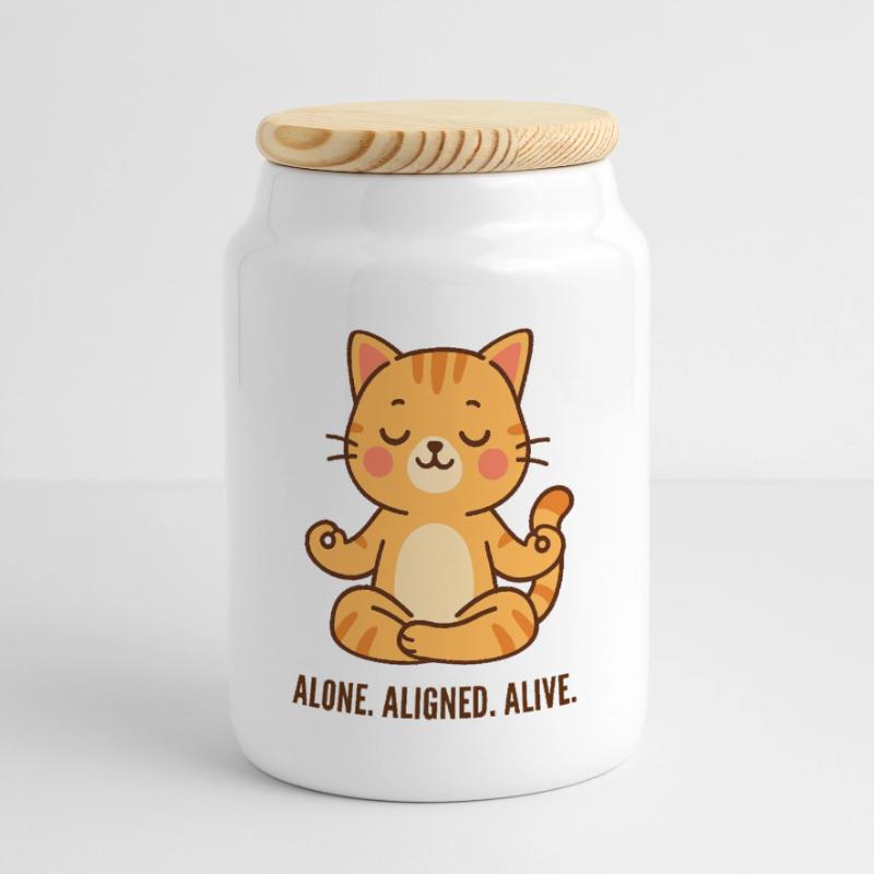 Alone Aligned Alive Meditating Cat Panoramic Cookie Jar with Wooden Lid
