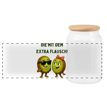 Kiwis mit extra Flausch - Panorama Keksdose mit Holzdeckel - Weiß - Vorne