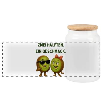 Two halves of a taste of kiwifruit - Panoramic Cookie Jar with Wooden Lid - white - Front
