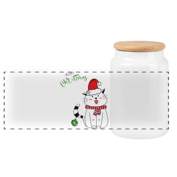 Chat de Noël avec le Chapeau de Père Noël - Boîte à biscuits avec couvercle en bois - blanc - Devant