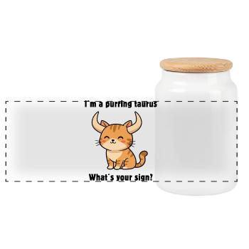 Cute Taurus Cat – Strong Zodiac Sign Motif - Panoramic Cookie Jar with Wooden Lid - white - Front