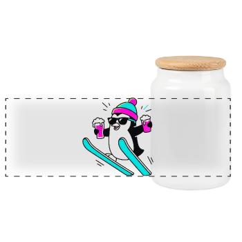 Erst Piste dann Party. Party Pinguin. - Panorama Keksdose mit Holzdeckel - Weiß - Vorne