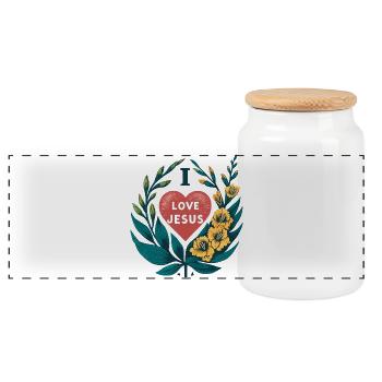 Liebe Jesus Herz Blumenkranz - Panorama Keksdose mit Holzdeckel - Weiß - Vorne