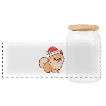Pomeranian Dog Festive Christmas Hat - Panoramic Cookie Jar with Wooden Lid - white - Front