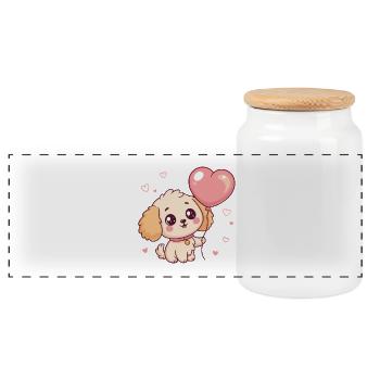 Cute Poodle Puppy with Heart Balloon - Panoramic Cookie Jar with Wooden Lid - white - Front