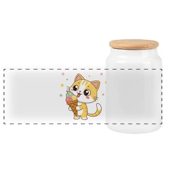 Chat gourmand avec glace arc en ciel - Panoramic Cookie Jar with Wooden Lid - white - Front